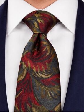 Neiman Marcus 100% Silk Tie Abstract Floral Leaf Print Olive Gold Burgundy VTG